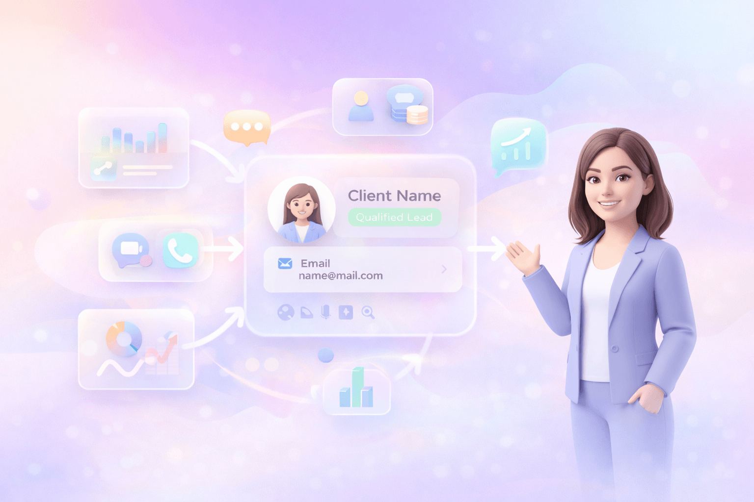 Futuristic scene of a 3D avatar salesperson presenting a glowing product hologram to a customer. Floating info cards with product details surround the hologram. Dark, enterprise theme with magenta accents.