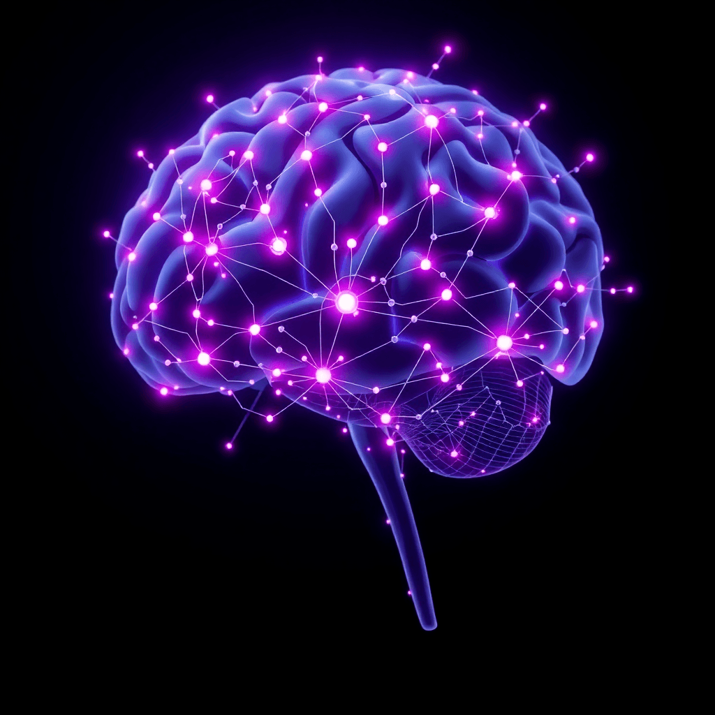 futuristic AI brain visualization, neural networks, glowing connections, purple and pink gradients, dark background, holographic interface, advanced technology