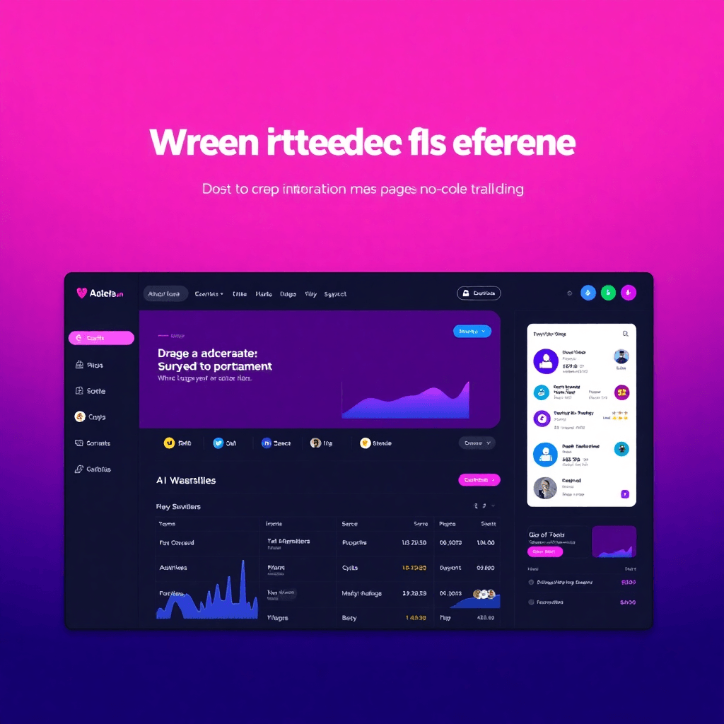 drag and drop interface, no-code platform, visual website builder, AI agent integration, modern UI dashboard, purple and pink gradients, dark theme