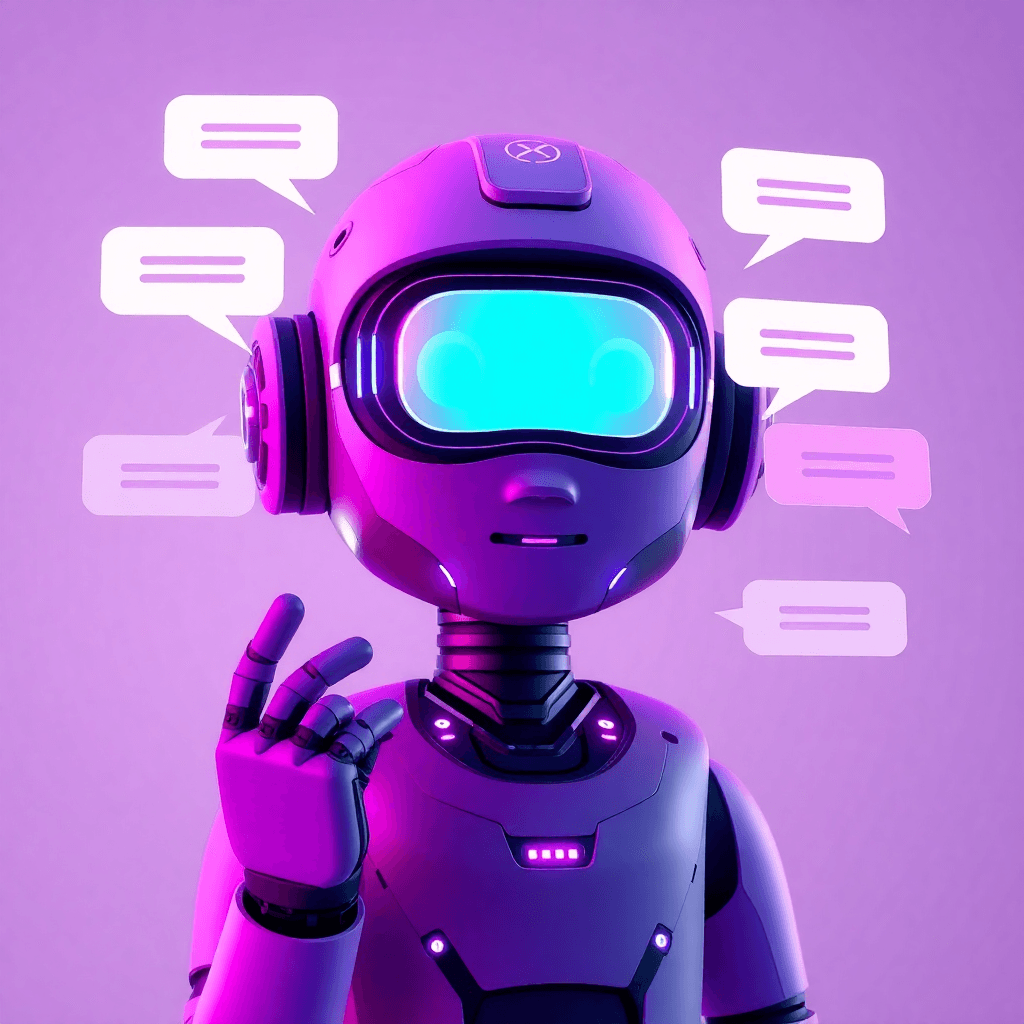 3D AI avatar communicating with multiple modes, holographic interface, gestures and speech bubbles, futuristic design, purple and pink gradients