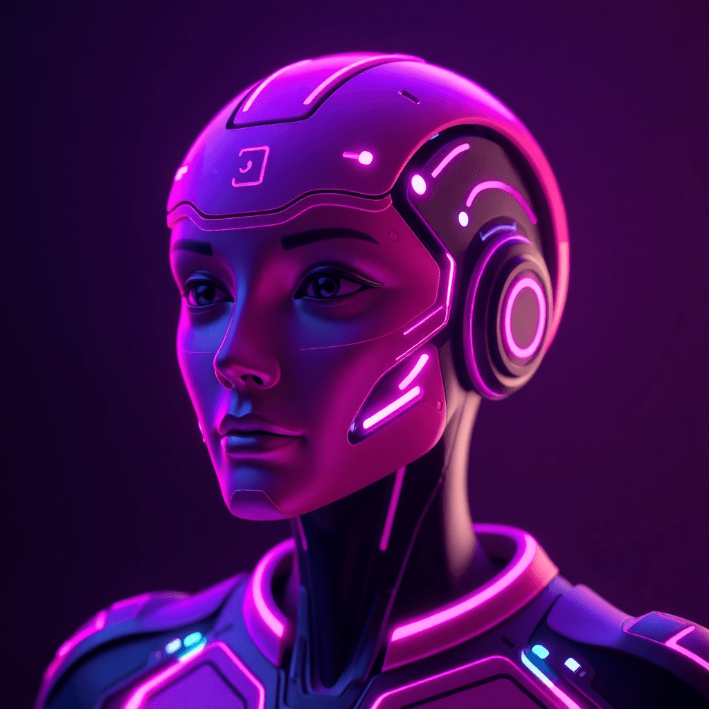 futuristic 3D AI agent, purple and pink gradient, holographic interface, dark background, cinematic lighting, highly detailed